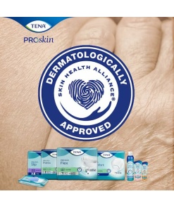 A visually appealing graphic showcasing Tena products with the prominent seal of approval from the Skin Health Alliance