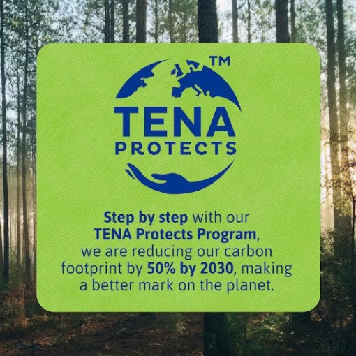 TENA advertisement for their TENA Protects program. The text reads "Step by step with our TENA Protects program, we are reducing our carbon footprint by 50% by 2030, making a better mark on the planet." The TENA logo is also visible in the image