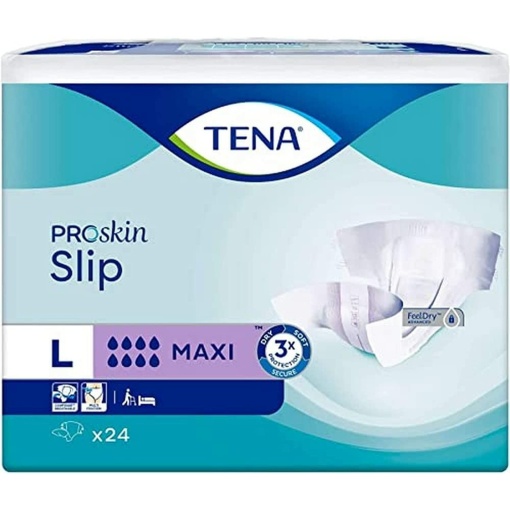 Image of a pack of TENA adult diapers with a blue and white design. The text on the packaging includes "TENA," "ProSkin Slip," "Feel Dry," "Maxi," "ROTECST Secure," "x24," "TH," "SOFT," and "DRY."