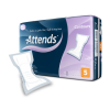 a box of Attends Contours Regular 5 adult incontinence pads. The box is blue and white with the Attends logo and the text "Contours", "Sicher ou jeder Zeit/Safe at any time", "5", "x42", and "1".