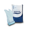 Image of a bag of Attends Disposable Bibs and a box of Attends For Men active protection incontinence pads. The bibs are white and the bag has blue and green text that says "Attends, 250, Bib, Attends Healthcare." The incontinence pads are blue and white and the box has text that says "Attends, For Men, Active Protection, 4, New!