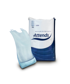 Image of a bag of Attends Disposable Bibs and a box of Attends For Men active protection incontinence pads. The bibs are white and the bag has blue and green text that says 