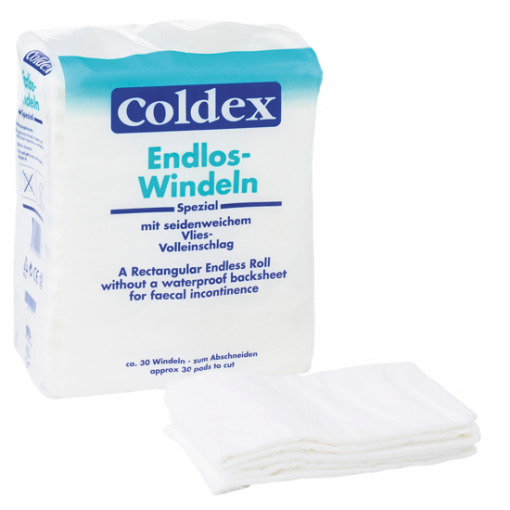 a package of Coldex Endlos Windeln incontinence wipes sitting next to a napkin. The wipes are white and have a blue label with the text "Coldex Endlos-Windeln" written on it. The package is blue and white and has the text "A Rectangular Endesall For faecal incontinece" written on it