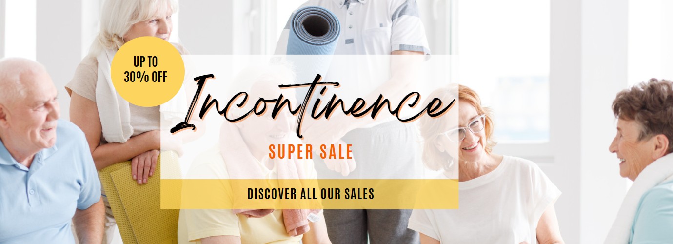 People are happy in the background, There is an "Incontinence super sale" Text and there is a discount going for up to 30% off