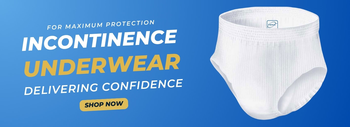 A banner advertisement for Tena incontinence underwear. The text on the banner reads: "Incontinence Underwear. Delivering Confidence. Shop Now." In the top right corner, there is tena logo imprinted on the underwear