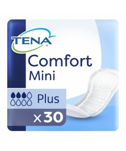 A blue and white package of TENA Comfort Mini Plus incontinence pads. The package is lying flat on a white and blue background, with the TENA logo and brand name in a large blue font in the top left corner. Below the logo is the product name, 