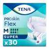 A package of TENA ProSkin Flex Super adult diapers, size medium, lying on a blend of blue and green background. The package is blend of blue and white, with the TENA logo and brand name in a large blue font in the top. Below the logo is the product name, "ProSkin Flex Super," written in smaller blue font.