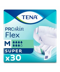 A package of TENA ProSkin Flex Super adult diapers, size medium, lying on a blend of blue and green background. The package is blend of blue and white, with the TENA logo and brand name in a large blue font in the top. Below the logo is the product name, 