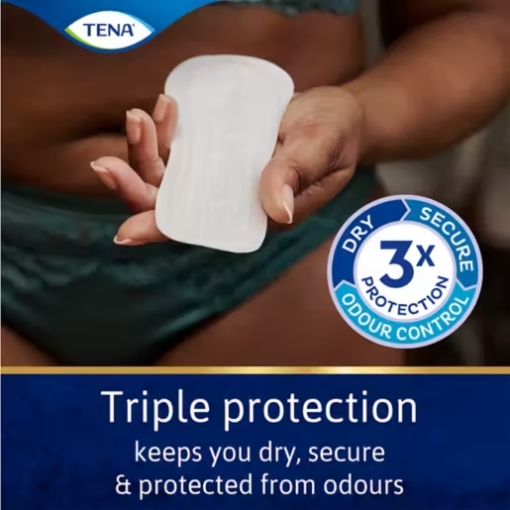 A close-up photo of a woman's hand holding a TENA Lights incontinence pad. The pad is white and rectangular, . The woman's hand is manicured and has short, painted nails. There is text at bottom in blue background which says "Triple protection keeps you dry, secure & protected from odours"