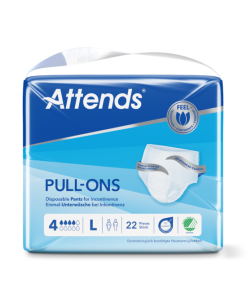 A pack of Attends Pull-Ons disposable adult incontinence underwear. The packaging is blue and white, with the Attends logo and the words 