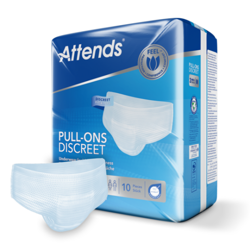 A blue and white package of Attends Pull-Ons disposable adult incontinence underwear, with a single pull-on underwear lying beside it.