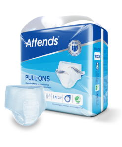 A package of Attends Pull-Ons adult incontinence underwear, with a single opened underwear beside it. The packaging is blue and white, with the Attends logo and the words 