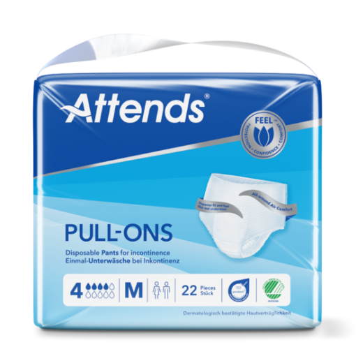 A pack of Attends Pull-Ons disposable adult incontinence underwear. The packaging is blue and white, with the Attends logo and the words "Pull-Ons" and "Disposable Pants for Incontinence" visible.