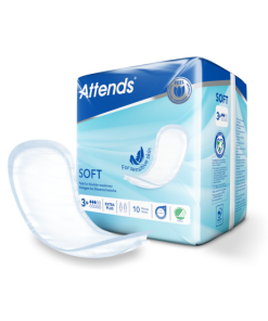 A box of Attends Soft incontinence pads on a transparent background. The box is blue and white, and the Attends logo is printed on the top of box. The text on the box says 