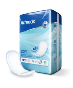 A blue and light blue box of Attends Soft 7 incontinence pads, labeled "For sensitive skin". An opened Attends Soft pad reveals a white, anatomically shaped design with a soft top sheet. These highly absorbent pads offer breathable comfort and odor protection.
