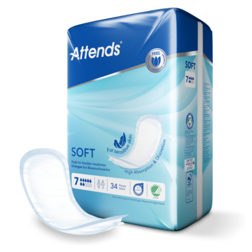 A blue and light blue box of Attends Soft 7 incontinence pads, labeled "For sensitive skin". An opened Attends Soft pad reveals a white, anatomically shaped design with a soft top sheet. These highly absorbent pads offer breathable comfort and odor protection.