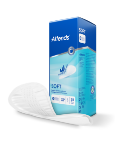 A close-up view of a blue and white box of Attends Soft incontinence pads on a transparent background. The box, designed for sensitive skin, sits slightly ajar, revealing an open pad with a breathable backsheet and super soft top sheet.