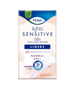 A box of TENA Lights Sensitive Normal incontinence liners. The liners are designed for people with sensitive skin and are fragrance- and dye-free. They are also thin and absorbent, and come in a single-wrapped design for convenience