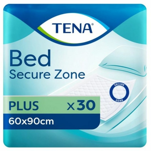 A package of TENA Bed Secure Zone Plus incontinence bed pads, in size 60x90cm and containing 30 pads. The packaging is blue and white, with the TENA logo and product name. The package also includes information about the product's features, such as its absorbency.