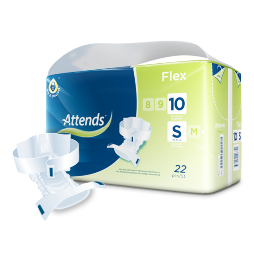 A box of Attends Flex incontinence briefs in size small, with 22 briefs per pack. The packaging is blue and yellow with some white, with the Attends logo and product name. The package also includes information about the product's features, such as its absorbency level (10) and its double-closure system (DCL/St).