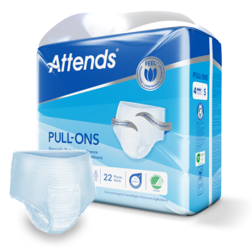 A package of Attends Pull-Ons adult incontinence underwear, with a single opened underwear beside it. The packaging is blue and white, with the Attends logo and the words "Pull-Ons" and "Disposable Pants for Incontinence" visible. The open underwear is white and blue, and it has a plastic outer shell and a fabric inner lining.