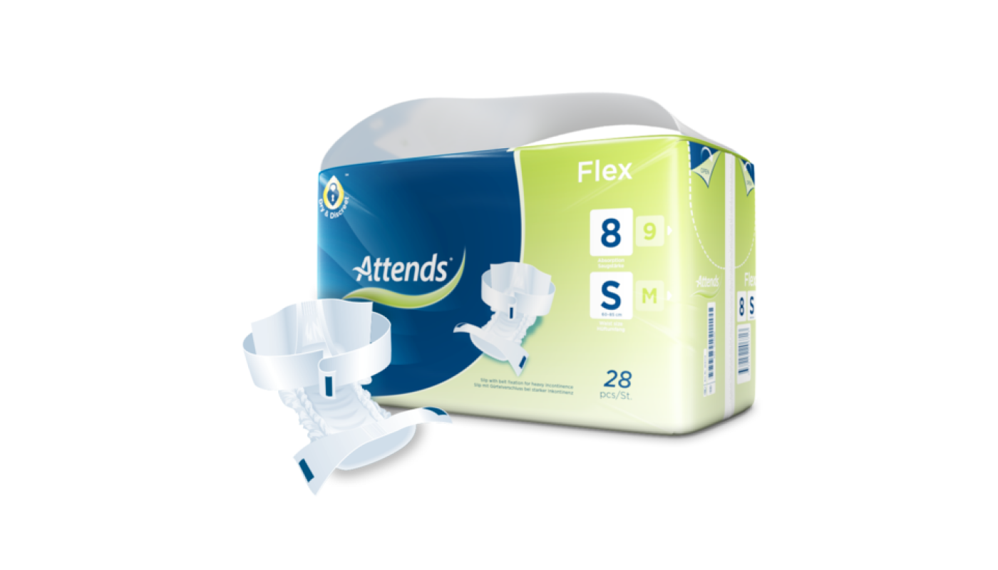 A box of Attends Flex incontinence briefs in size small, with 22 briefs per pack. The packaging is blue and yellow with some white, with the Attends logo and product name. The package also includes information about the product's features, such as its absorbency level (10) and its double-closure system (DCL/St).
