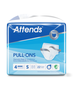 A pack of Attends Pull-Ons disposable pants for incontinence, in size medium. The packaging is blue and white, with the Attends logo and product name in large font. The package also includes information about the product's features, such as its breathability, comfort, and leakage protection.