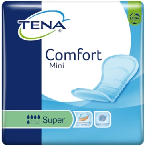 A package of TENA Comfort Mini Super incontinence pads. The packaging is blue and white, with the TENA logo and product name in large font. The package also includes information about the product's features, such as its absorbency and comfortable fit.