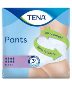 A package of TENA Pants Maxi incontinence pants, designed for adults with moderate to heavy incontinence. The packaging is blue and white, with the TENA logo on top and product name in large font. The package also includes information about the product's features, such as its triple protection from leaks, odor, and moisture, its soft and breathable materials, and its comfortable, close-fitting design