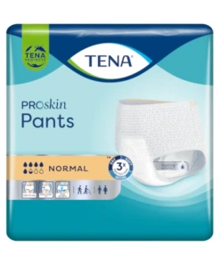 A package of TENA ProSkin Pants Normal incontinence pants, designed for adults with moderate incontinence. The pants are unisex and come in a variety of sizes. They are made with soft, breathable materials and have a comfortable, close-fitting design