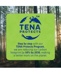Image of the TENA Protects program logo. The logo features the TENA brand name in blue lettering, enclosed in a world symbol and the text 