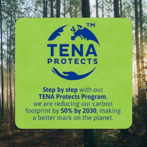 Image of the TENA Protects program logo. The logo features the TENA brand name in blue lettering, enclosed in a world symbol and the text "Protects" positioned above it. The text "Step by step with our TENA Protects Program, we are reducing our carbon footprint by 50% by 2030, making a better mark on the planet" is displayed below the logo.