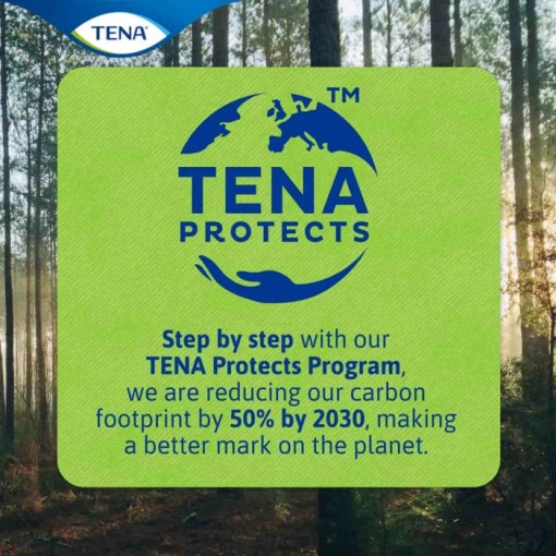 Image of the TENA Protects program logo. The logo features the TENA brand name in blue lettering, enclosed in a world symbol and the text "Protects" positioned above it. The text "Step by step with our TENA Protects Program, we are reducing our carbon footprint by 50% by 2030, making a better mark on the planet" is displayed below the logo.