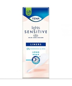 This image shows a box of TENA Lights Sensitive Long liners, which are a good option for women who experience light bladder leaks and have sensitive skin.