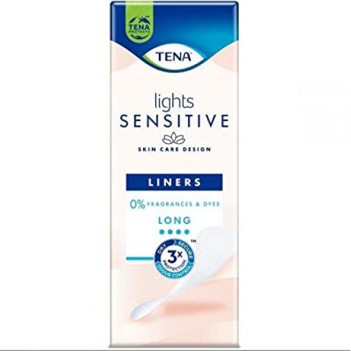 This image shows a box of TENA Lights Sensitive Long liners, which are a good option for women who experience light bladder leaks and have sensitive skin.