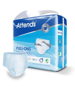 A package of Attends Pull-Ons adult incontinence underwear, with a single opened underwear beside it. The packaging is blue and white, with the Attends logo and the words 