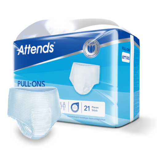 A package of Attends Pull-Ons adult incontinence underwear, with a single opened underwear beside it. The packaging is blue and white, with the Attends logo and the words "Pull-Ons" and "Disposable Pants for Incontinence" visible. The open underwear is white and blue, and it has a plastic outer shell and a fabric inner lining.