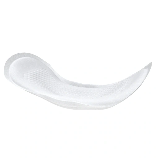 A white sanitary pad on a white background. The pad is long and rectangular, with rounded corners. It has a slightly textured surface and is covered in a thin layer of plastic. There are two wings on either side of the pad, which are also white and made of plastic. The wings have adhesive strips on them.