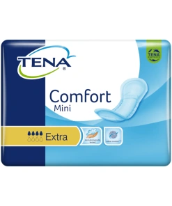 A blue and white package of TENA Comfort Mini Extra incontinence pads. The pads feature a triple protection system against leaks, odor, and moisture for superior dryness and comfort. They are anatomically shaped for a discreet fit and have soft, breathable materials
