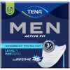 A box of TENA Men Active Fit Level 1 absorbent protectors, designed for men with light to moderate incontinence. The protectors are anatomically shaped for a comfortable and discreet fit, and feature a leak-proof design for added security.