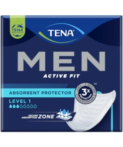 A box of TENA Men Active Fit Level 1 absorbent protectors, designed for men with light to moderate incontinence. The protectors are anatomically shaped for a comfortable and discreet fit, and feature a leak-proof design for added security.
