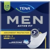 A box of TENA Men Active Fit Level 2 absorbent protectors, designed for men with light to moderate incontinence. The protectors are anatomically shaped for a comfortable and discreet fit, and feature a leak-proof design for added security.
