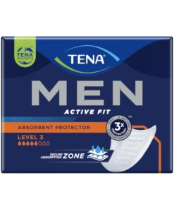 A box of TENA Men Active Fit Level 3 absorbent protectors, designed for men with light to moderate incontinence. The protectors are anatomically shaped for a comfortable and discreet fit, and feature a leak-proof design for added security.